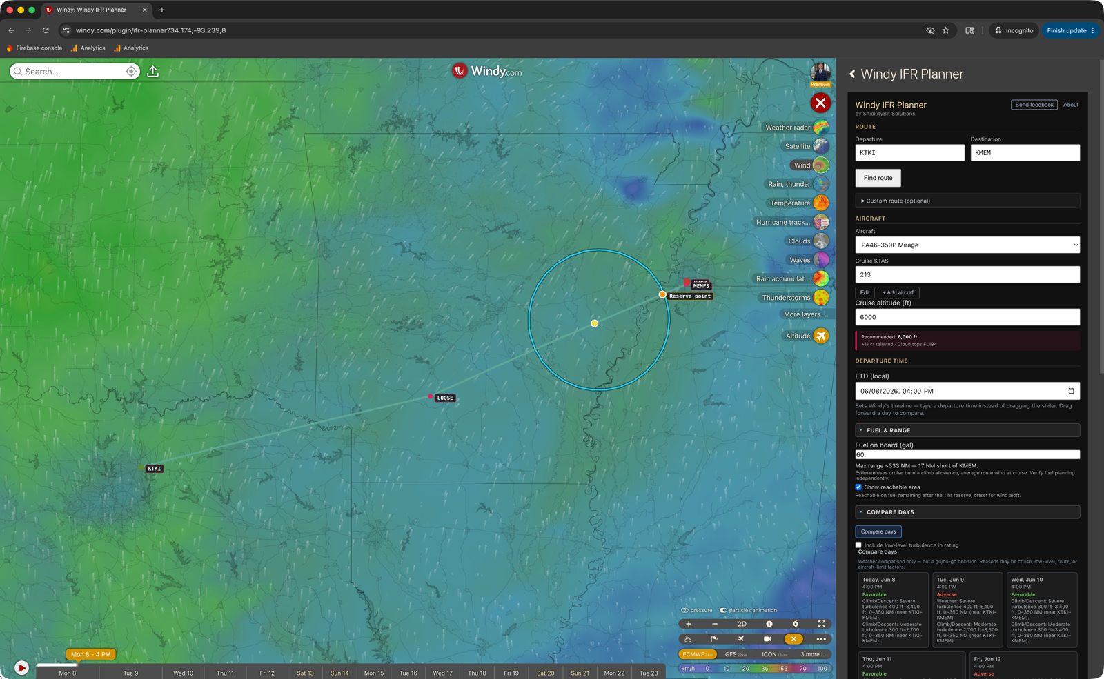 Windy IFR Planner showing a PA46-350P route on the Windy map with the wind-adjusted reachable-area ring and a reserve-point marker, beside the sectioned planner panel — aircraft, fuel & range, and a multi-day weather comparison.