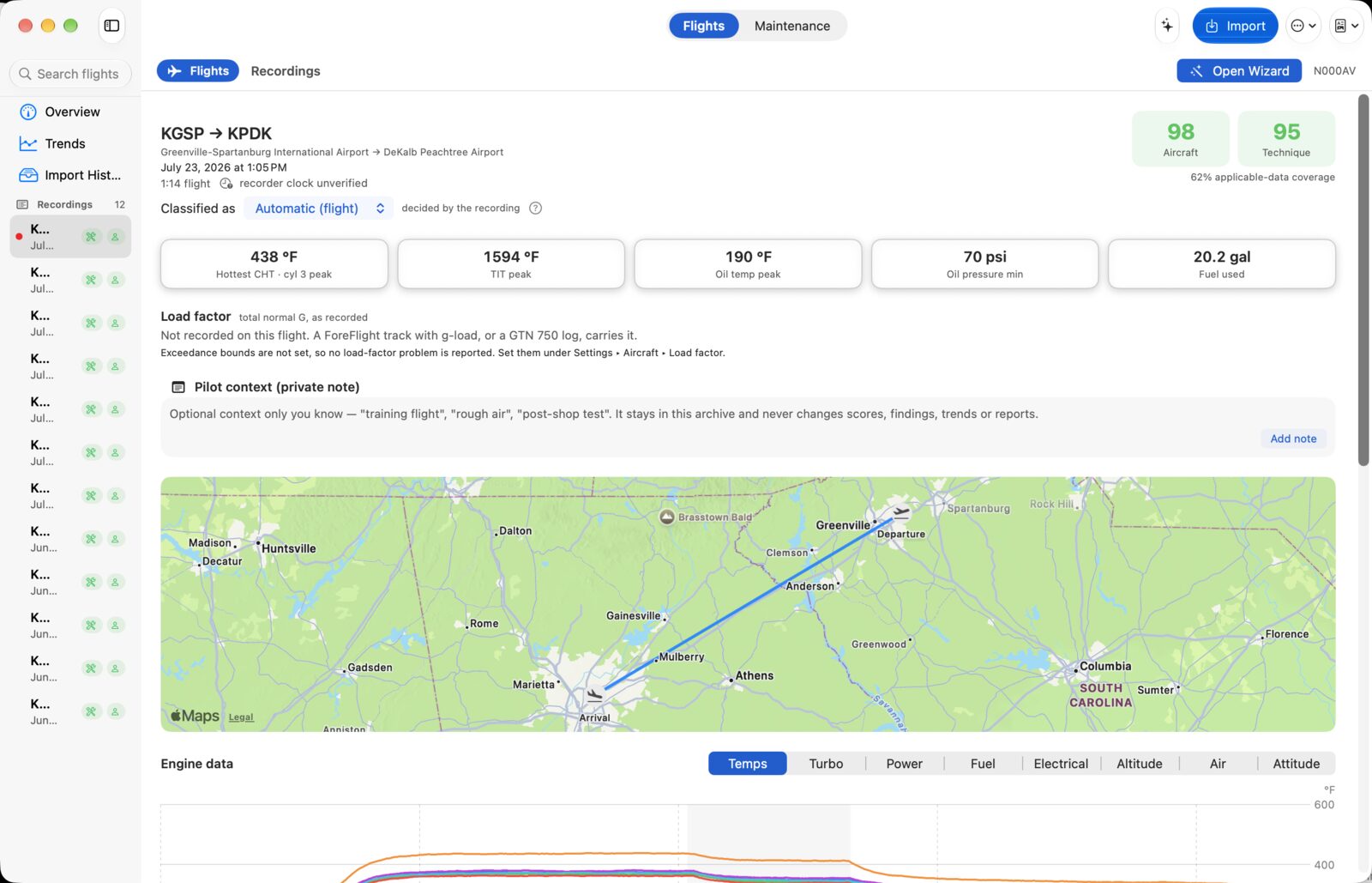 A single demo flight from Greenville-Spartanburg to DeKalb-Peachtree: hottest cylinder head temperature, TIT, oil and fuel figures, and the route on a map