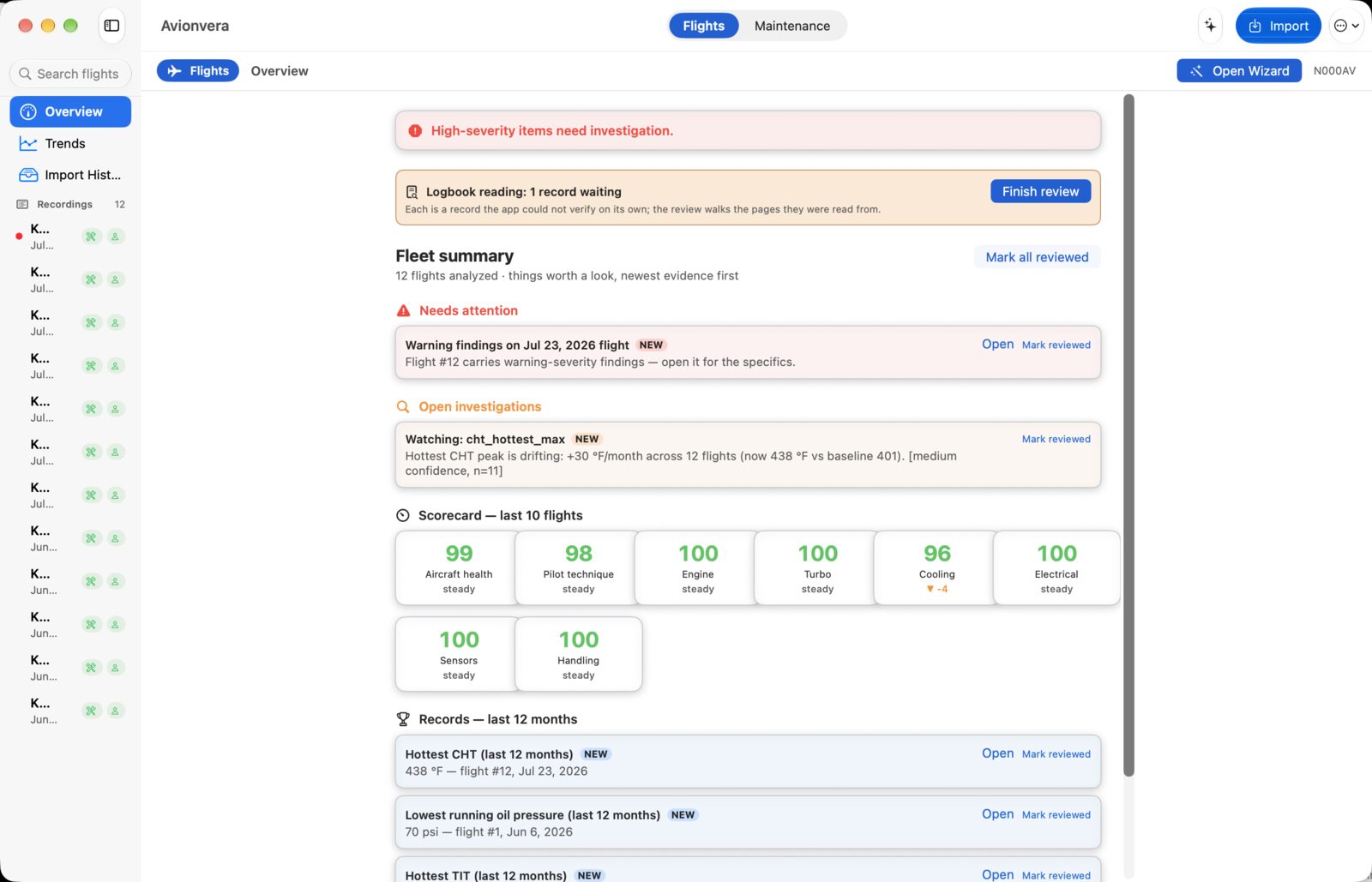 Avionvera summary for a demo aircraft: a warning on the latest flight, an open investigation into a drifting cylinder head temperature, a logbook reading with one record waiting, and a scorecard of the last ten flights