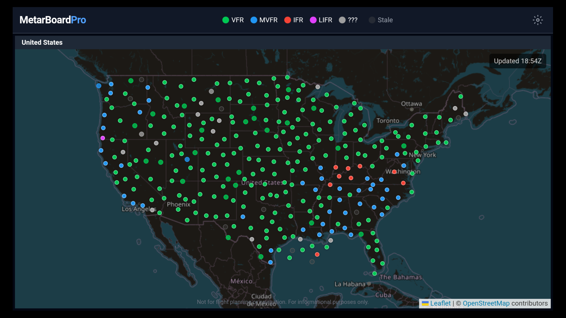 MetarBoard Pro running on Fire TV in kiosk mode, showing the live US country view
