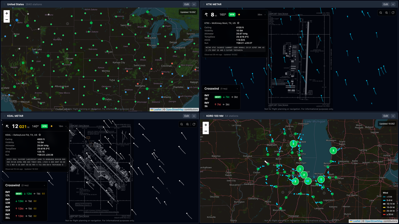 MetarBoard Pro four-pane dashboard showing US country map, KTKI and KDAL airport details, and a Chicago-area radius view