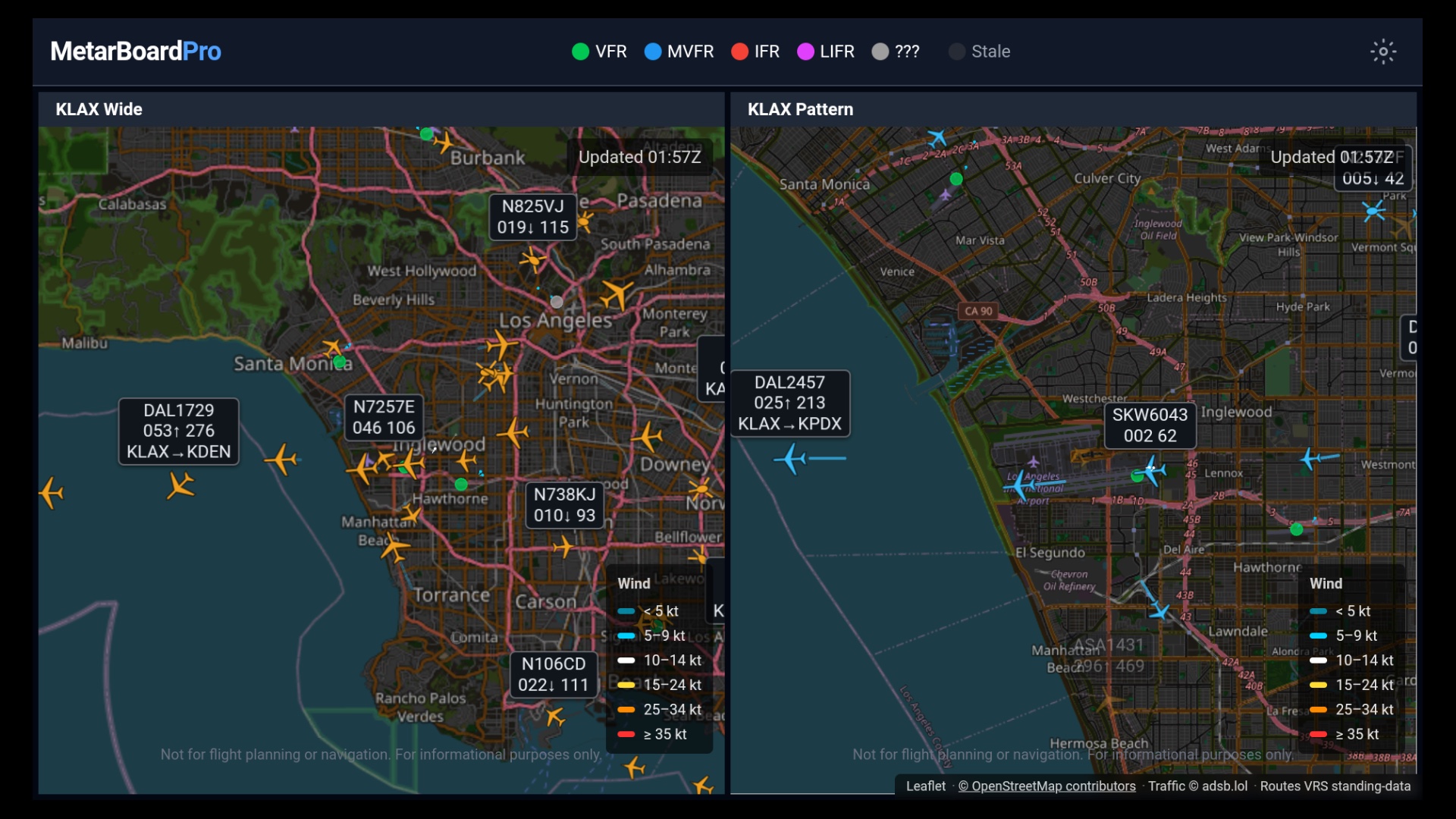 MetarBoard Pro live traffic over Los Angeles: aircraft icons with callsign, altitude, speed, and route labels on a wide LAX pane beside a close-in LAX pattern pane