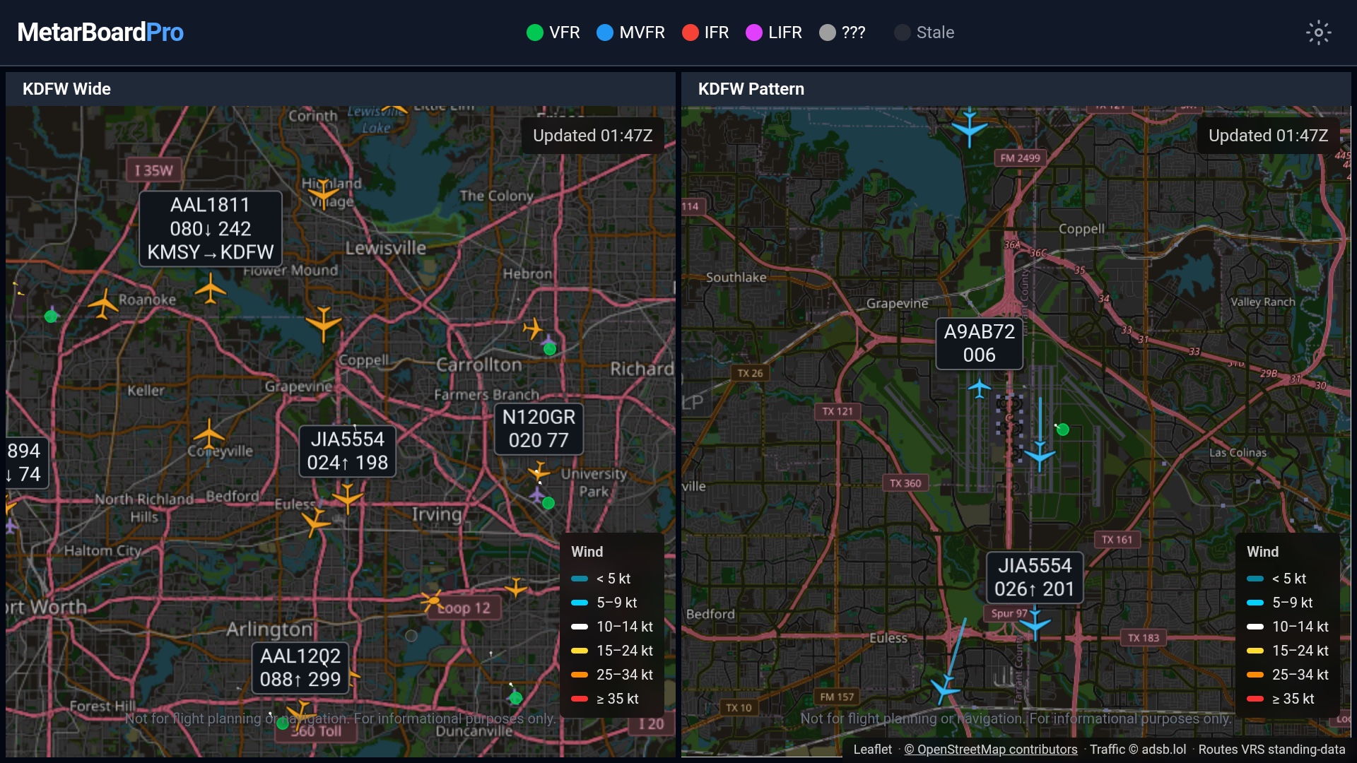 MetarBoard Pro pattern mode at KDFW: pattern traffic highlighted in blue over the airport while transiting aircraft are dimmed, beside a metro-wide labeled traffic pane