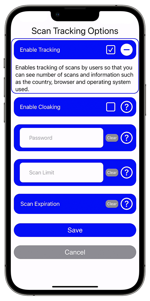 QRPics tracking options on iPhone
