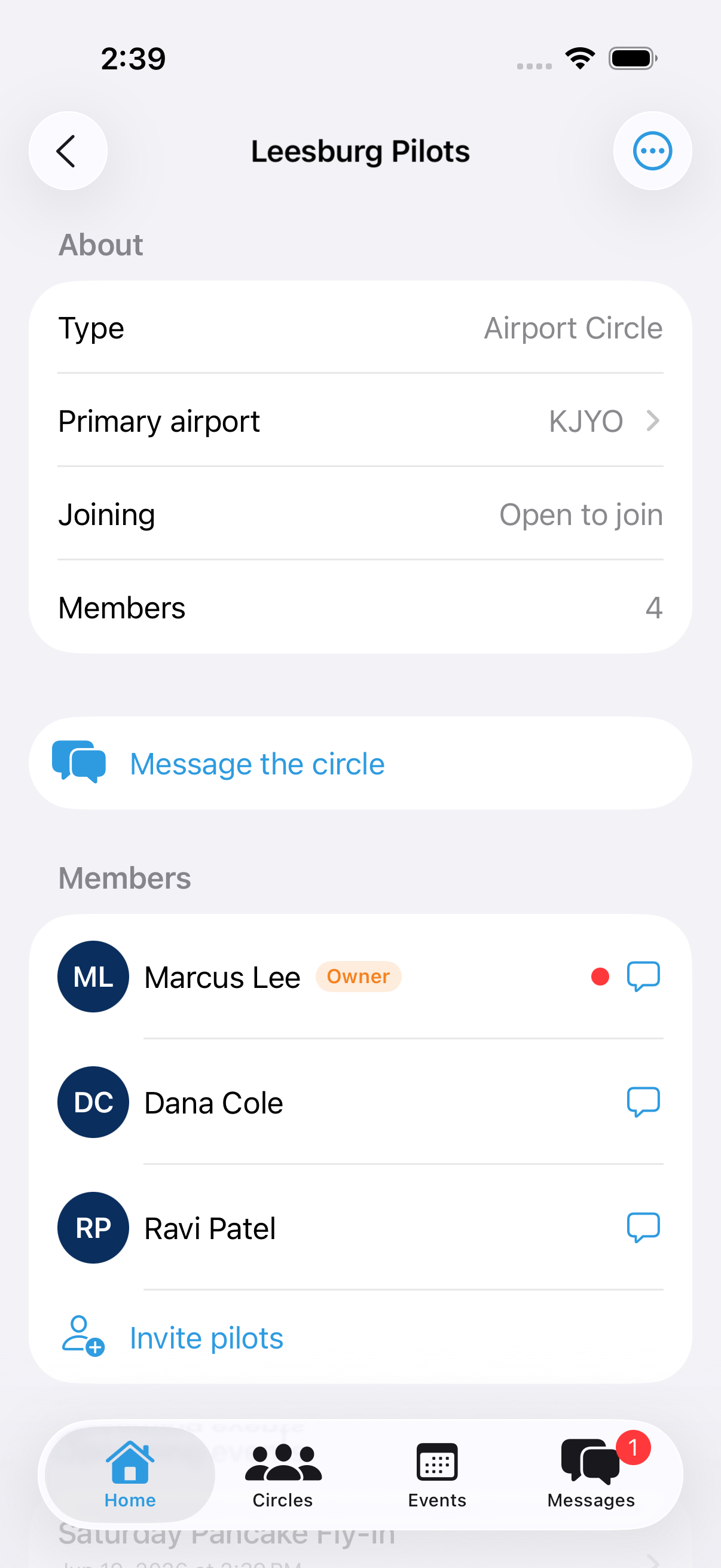 RampMeet circle detail showing members and airport
