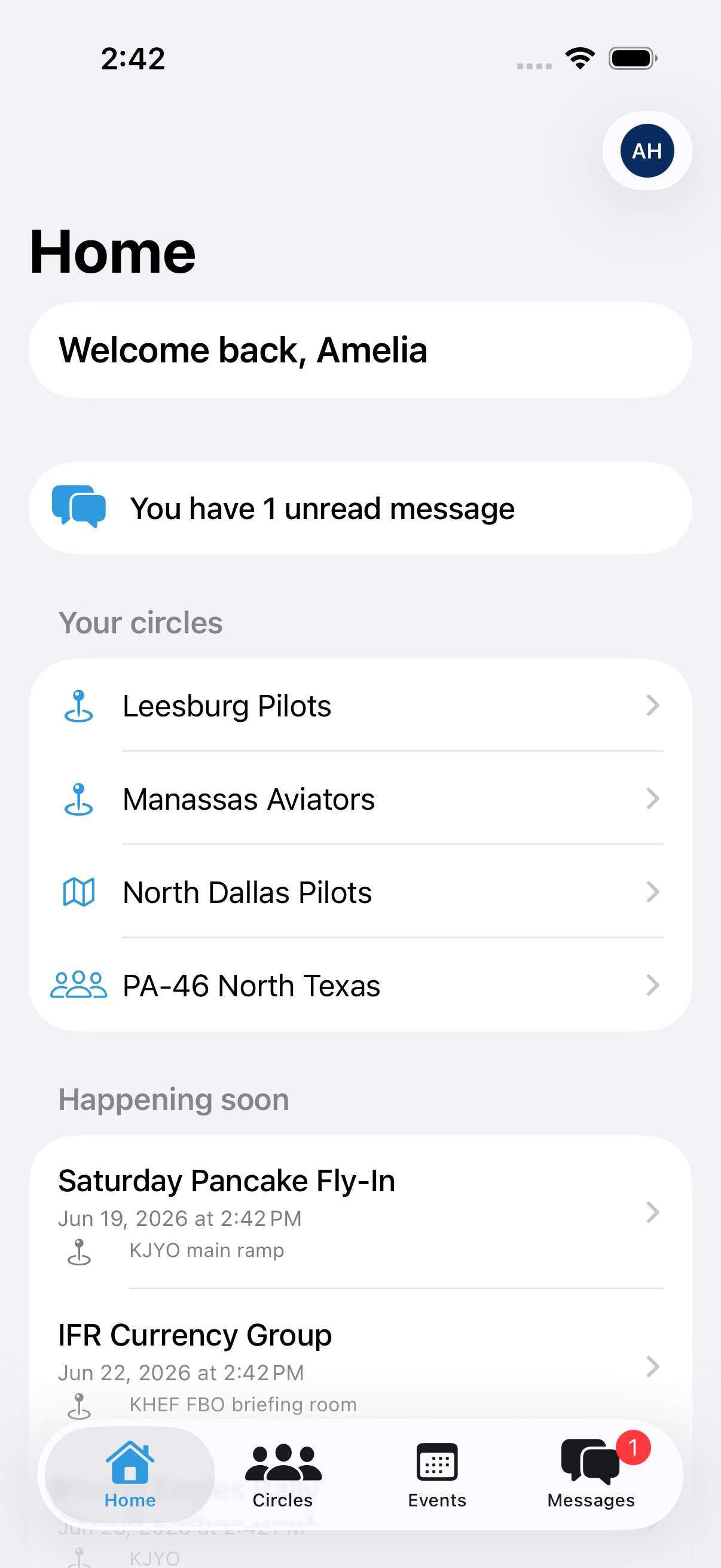 RampMeet home screen showing your circles and upcoming events