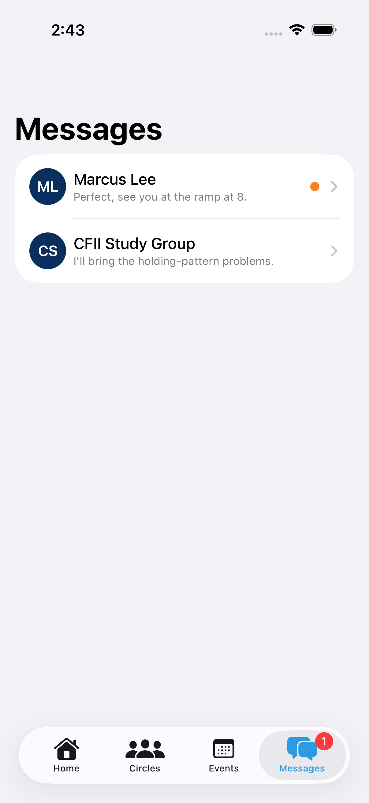 RampMeet messages list with direct and group chats