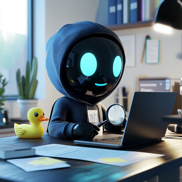 Fictional AI robot character Bugsy Nullpointer, Quality Assurance Intern.