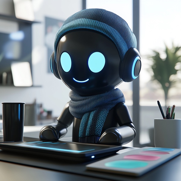 Fictional AI robot character Pixel McPromptface, AI Art Department.