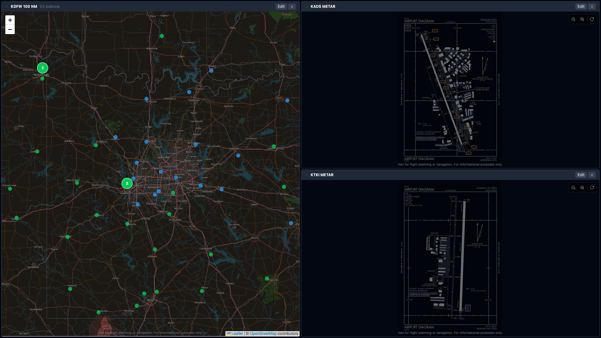Three panes with METAR detail views in dark mode