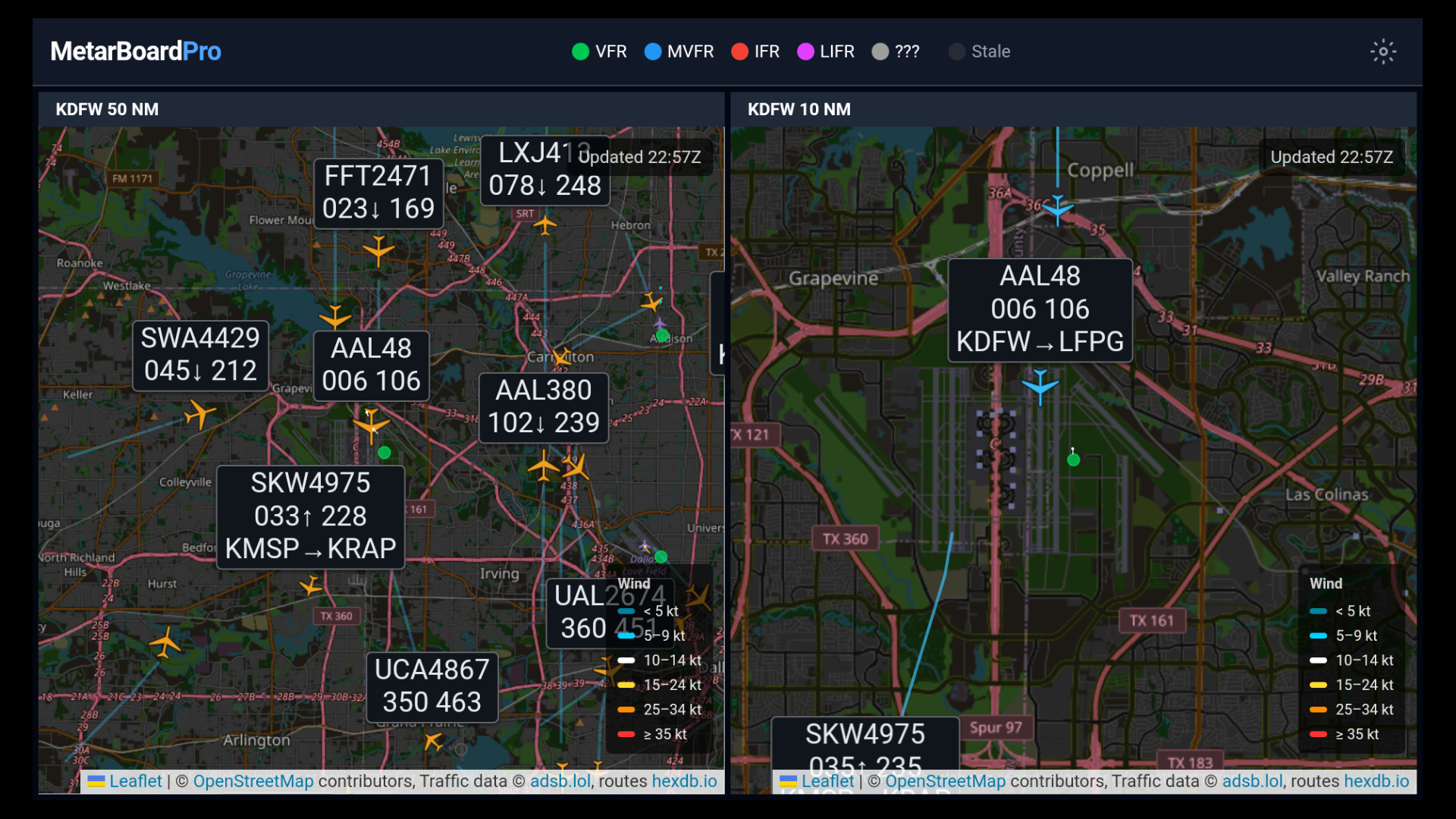 Pattern mode on a Fire TV — blue-highlighted traffic at KDFW